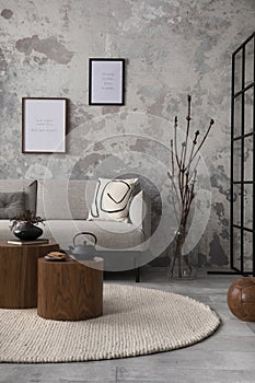 The stylish compostion at living room interior with design gray sofa, coffee table, plant, hanger, lamp and elegant personal photo