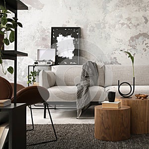 The stylish compostion at living room interior with design gray sofa, wooden coffee table, brown armchair and elegant personal