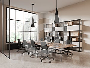 Stylish conference room interior with meeting table and shelf near window
