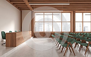 Stylish conference room interior with table and chairs, panoramic window