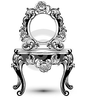 Stylish console table and mirror frame with rose flowers decorations Vector. Intricate ornaments line art illustrations