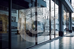 Stylish Contemporary Shop Facade with Large Glass Windows, Generative AI