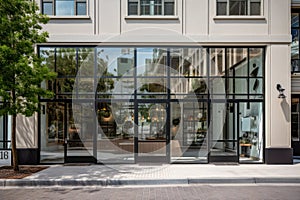 Stylish Contemporary Shop Facade with Large Glass Windows, Generative AI