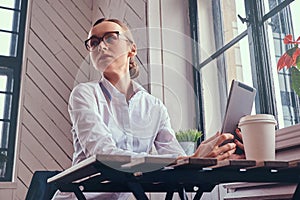 Stylish cooperative female using a tablet PC.