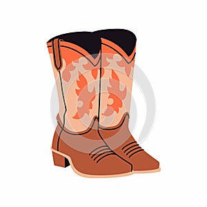 Stylish cowboy boots with ornament. Shoe pair. Wild West theme