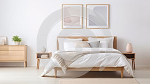 Stylish cozy beige grey and white bedroom interior design modern and minimal style, neutral colour bedroom. generative ai