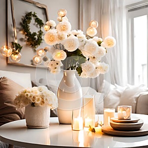 stylish and cozy home decor with soft lights of flowers