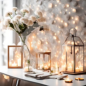 stylish and cozy home decor with soft lights of flowers