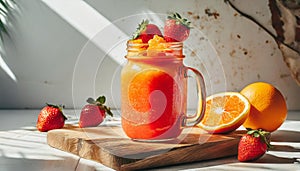 Stylish crazy California Sunshine Smoothie served in Mason jar. Food photography. Advertising Concpet