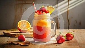 Stylish crazy California Sunshine Smoothie served in Mason jar. Food photography. Advertising Concpet