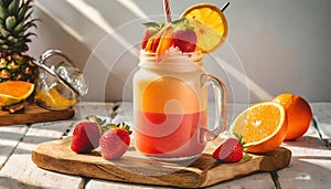 Stylish crazy California Sunshine Smoothie served in Mason jar. Food photography. Advertising Concpet