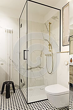 Stylish and creative minimalistic bathroom interior design. Spacious home in modern style.