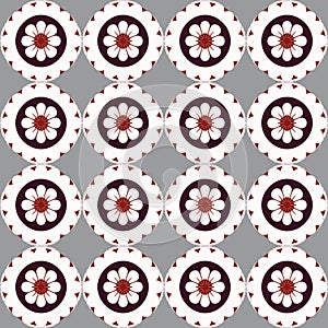 Stylish and creative red and white circular seamless repeating pattern with floor tile-like damask design