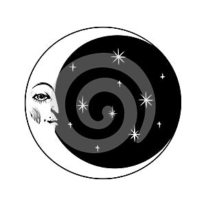 Stylish crescent moon face and sky with stars, celestial outline tattoo, black and white logo, vintage engraving symbol