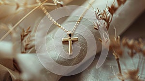 a stylish cross pendant necklace in a realistic photo, highlighting its timeless elegance and versatility as a fashion