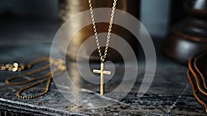 a stylish cross pendant necklace in a realistic photo, highlighting its timeless elegance and versatility as a fashion