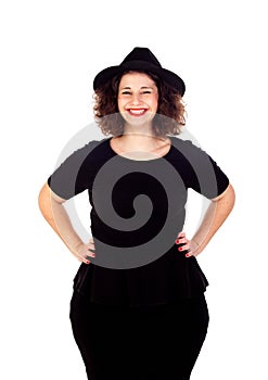 Stylish curvy girl with black hat and dress