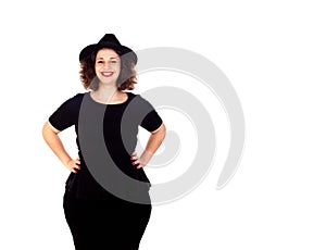 Stylish curvy girl with black hat and dress