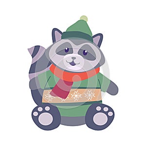 stylish cute raccoon wearing sweater shirt scarf and winter hat vector character illustration design