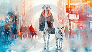 Stylish Dalmatian Portraits: Two Dalmatians Walking in Urban Cityscape - Unique Dalmatian Portrait Art Prints and Decor photo