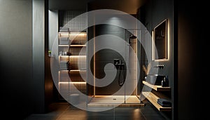 stylish dark bathroom interior with a big shower, showcasing a modern minimalist style. The bathroom is designed in