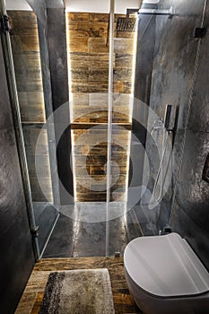 Stylish dark bathroom interior with shower.