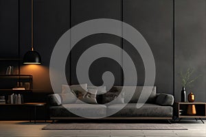 Stylish dark living room interior with gray sofa mock up, modern interior background, empty black wall mockup