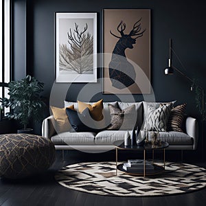 Stylish Dark Tone Living Room Interior, Mock up Poster Frame Art On Wall, Cozy Sofa with Pillows, Green Plants, Decoration,