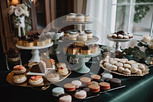 stylish and decadent dessert table with classic and gourmet cupcakes, mini pies, macarons, and pastries