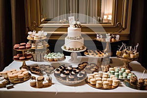 stylish and decadent dessert table with classic and gourmet cupcakes, mini pies, macarons, and pastries