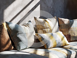 Stylish decorative pillows on a cozy sofa in natural sunlight