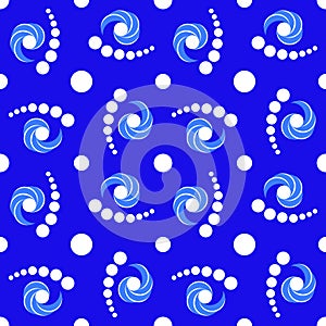 Stylish decorative seamless pattern with circle and twirl elements of white and blue shades