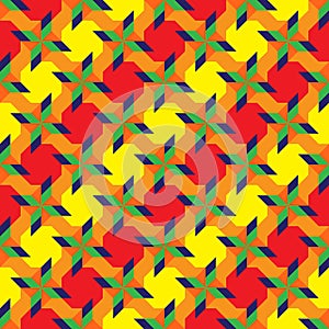 Stylish decorative seamless pattern with different geometrical shapes of yellow, orange, green, red and blue shades