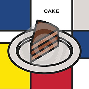 Stylish delicious chocolate cake in plate. Modern style art with rectangular colour blocks.