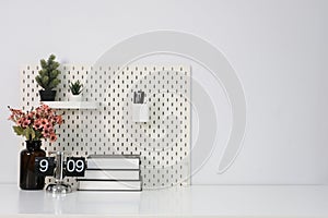 Stylish desk interior with White table background with plant and leaves. Modern home office interior