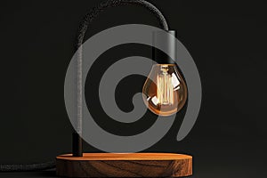 Modern desk lamp with warm light illuminating a wooden base in a dark setting