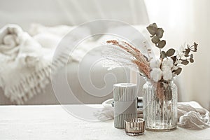 Stylish details of interior decor on a blurred background copy space