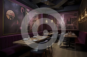 A stylish dining area with purple seating, wooden tables, elegant lighting, and large abstract artworks on the walls, ai