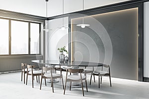 Stylish dining room with black backlit wall panel and black table with wooden chairs around