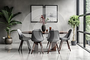 Stylish dining room interior with family wooden table and modern chairs in contemporary home design