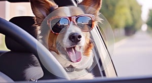 Stylish dog in sunglasses driving a car.