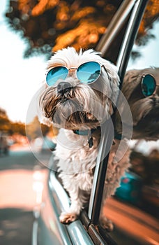 Stylish Dog Wearing Blue Sunglasses Leaning Out Of A Car Window On A Sunny Day