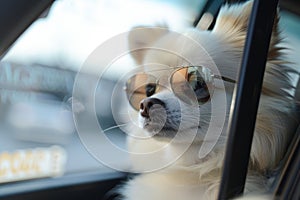 Stylish Dog Wearing Blue Sunglasses Leaning Out Of A Car Window On A Sunny Day