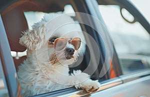 Stylish Dog Wearing Blue Sunglasses Leaning Out Of A Car Window On A Sunny Day