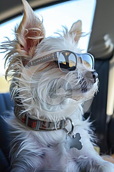 Stylish Dog Wearing Blue Sunglasses Leaning Out Of A Car Window On A Sunny Day