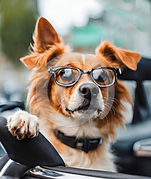 Stylish dog wearing sunglasses in a car.