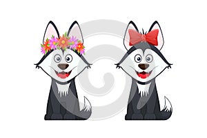 Stylish dogs with flower wreath on head and red bow.