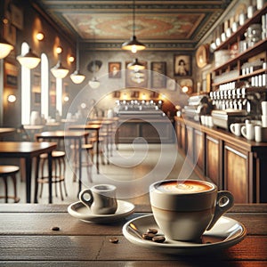 Stylish doppio with a soft-focus coffee shop backdrop.. AI generated. photo