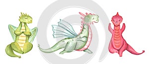 Stylish Dragons sitting in lotus pose and doing yoga. Winged animals meditation. Colored Dragon practicing fitness exercises.