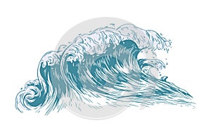 Stylish drawing of sea or ocean wave with foaming crest isolated on light background. Oceanic storm, tide, tsunami